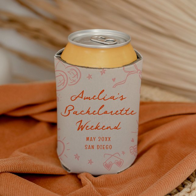 Rosa und Rote Sketch Bachelorette Wochenende Party Dosenkühler (Pink and red bachelorette party personalized can coolers.)