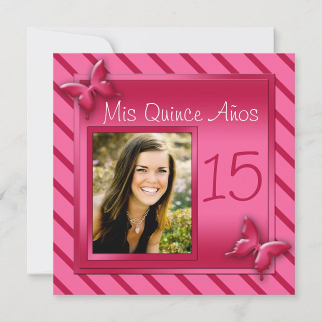 Rosa und rote Streifen-Foto Quinceañera Einladung (Vorderseite)