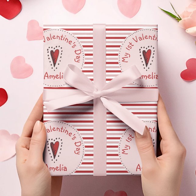 Rosa und rote Streifen mein erstes ValentinBaby Geschenkpapier (Cute My 1st Valentine's Day Wrapping Paper for Baby Girl. Red, Pink & White Stripes and Red Heart. )