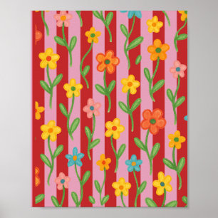 Rosa und rote Streifen mit farbenfrohen Blumen Poster