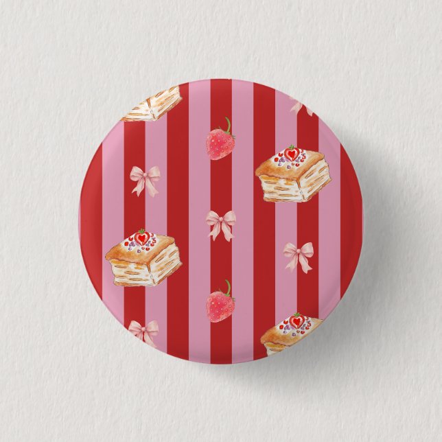 Rosa und rote Streifen mit Kuchenmuster Button (Vorderseite)