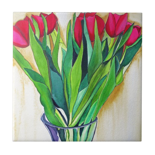 Rosa und rote Tulpen Aquarellkunst Fliese (Vorderseite)