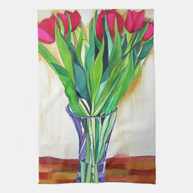 Rosa und rote Tulpen Aquarellkunst Küchentuch (Vertikal)