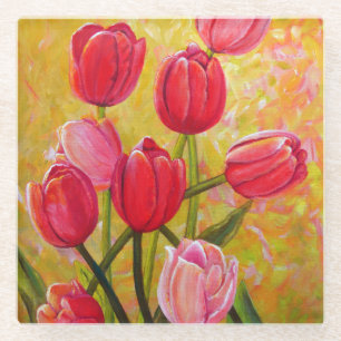 Rosa und Rote Tulpen. Glasuntersetzer