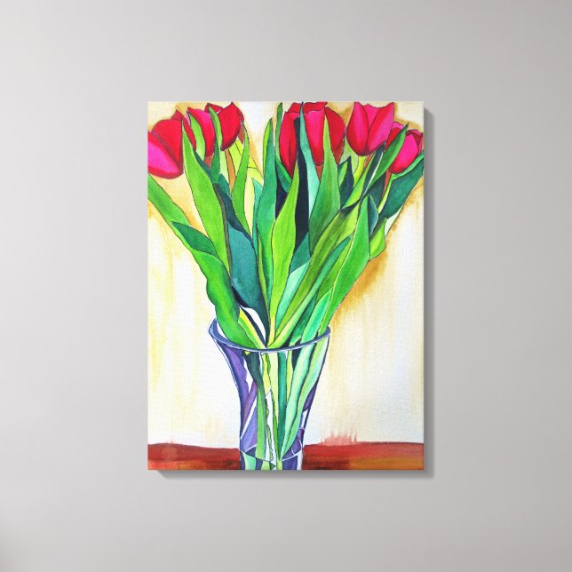 Rosa und Rote Tulpen leben noch Aquarell Leinwanddruck (Vorderseite)