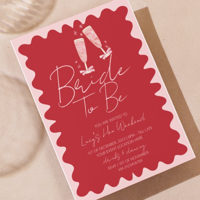 Rosa und Rote Wave Bachelorette Wochenendreise Einladung (red pink retro wavy border hen weekend itinerary invite)