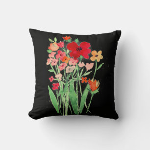 Rosa und rote Wildblumen auf schwarzem Wurfkissen Kissen