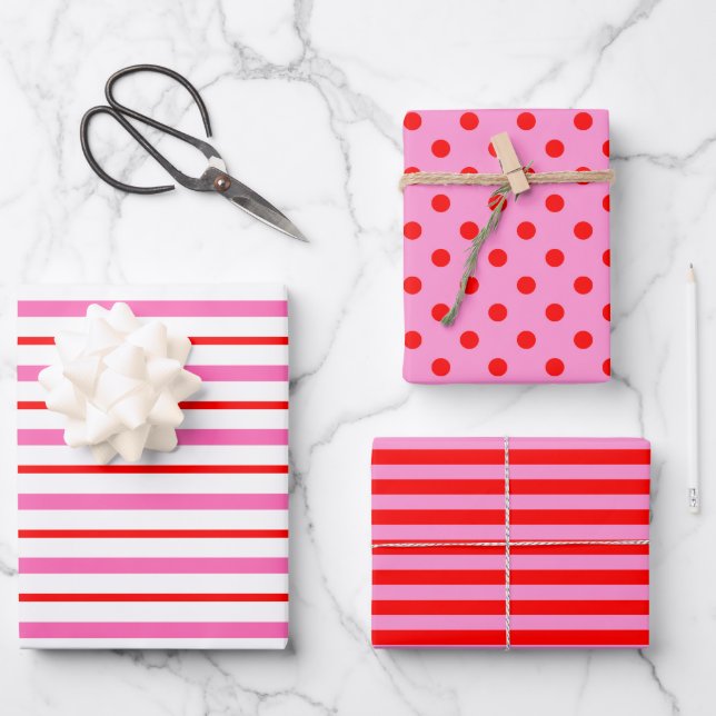 Rosa und roter Polka-Punkt gestrichen Geschenkpapier Set (Vorderseite)