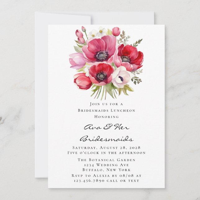 Rosa und roter Poppy Tulips Bridesmaids Luncheon Einladung (Vorderseite)