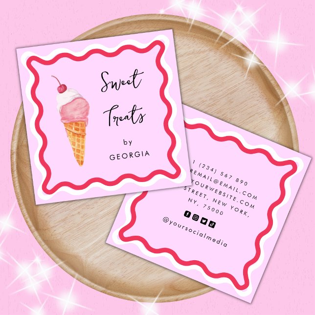 Rosa und roter Rahmen Sweet Leckereien Ice Cream Quadratische Visitenkarte (Von Creator hochgeladen)