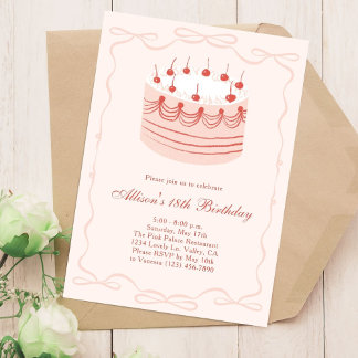 Rosa und rotes Coquette Retro Cherry Cake Geburtst Einladung