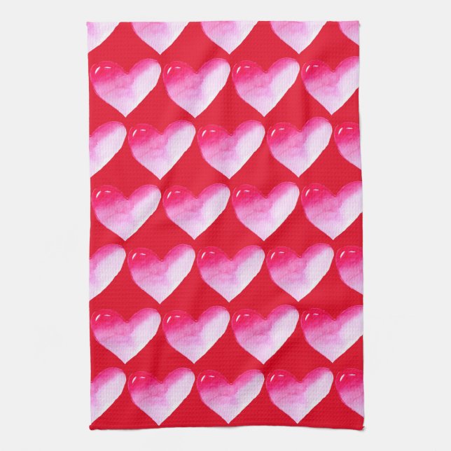 Rosa und rotes Herz Aquarell Pop Kunst Geschirrtuch (Vertikal)
