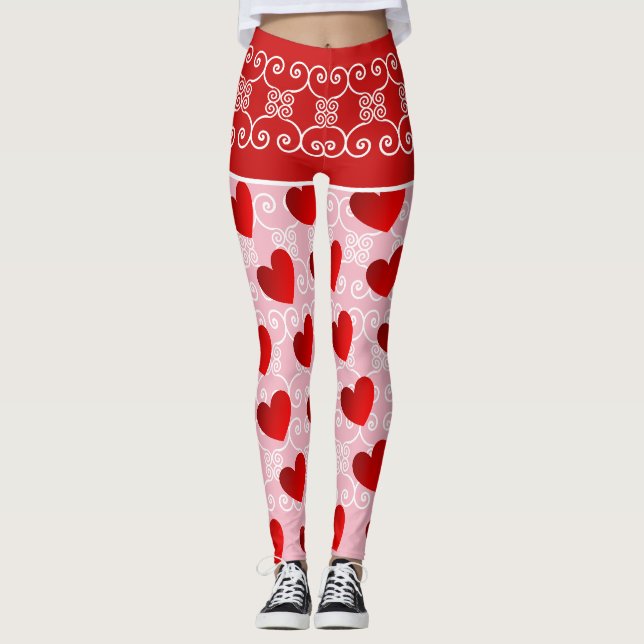 Rosa und Rotes Herz & Rollen Leggings (Vorderseite)