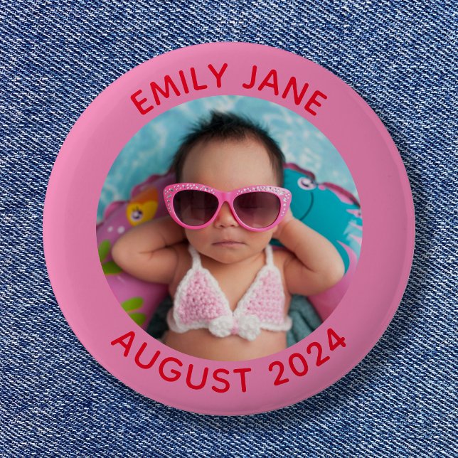 Rosa und rotes Personalisiertes Foto Button (Pink and Red Personalized Round Family Photo Button)