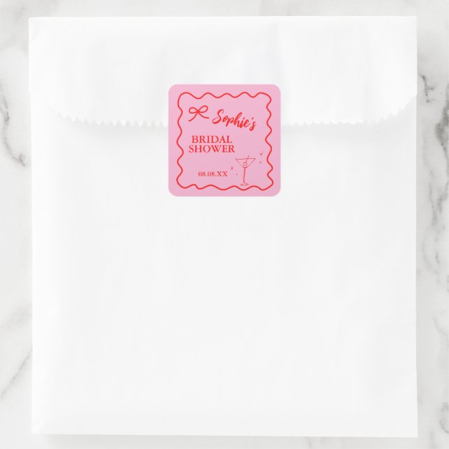 Rosa und rotes Retro Brautparty Martini Quadratischer Aufkleber (Tasche)