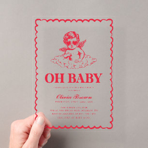 Rosa und rotes Retro-Cherub-Baby-Shower Acryleinladungen