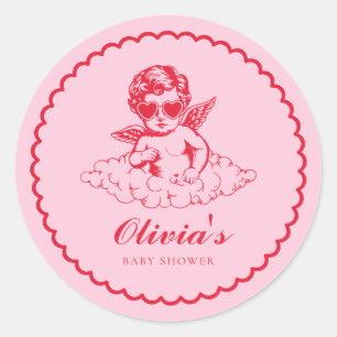 Rosa und rotes Retro-Cherub-Baby-Shower Runder Aufkleber