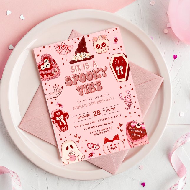 Rosa und rotes Retro Halloween 6. Geburtstag Einladung (Pink and Red Retro Halloween 6th Birthday Invitation - Six is a Vibe)