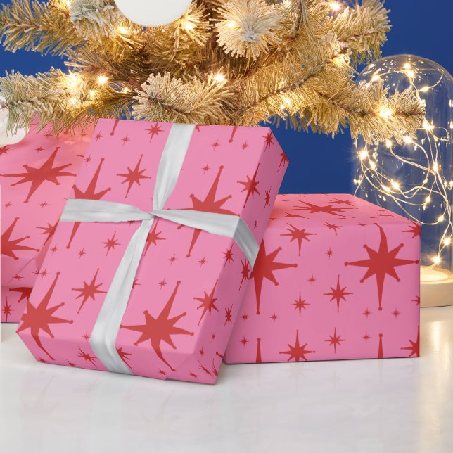 Rosa und rotes Retro Modernes Sternexplosion Muste Geschenkpapier (Feiertage)