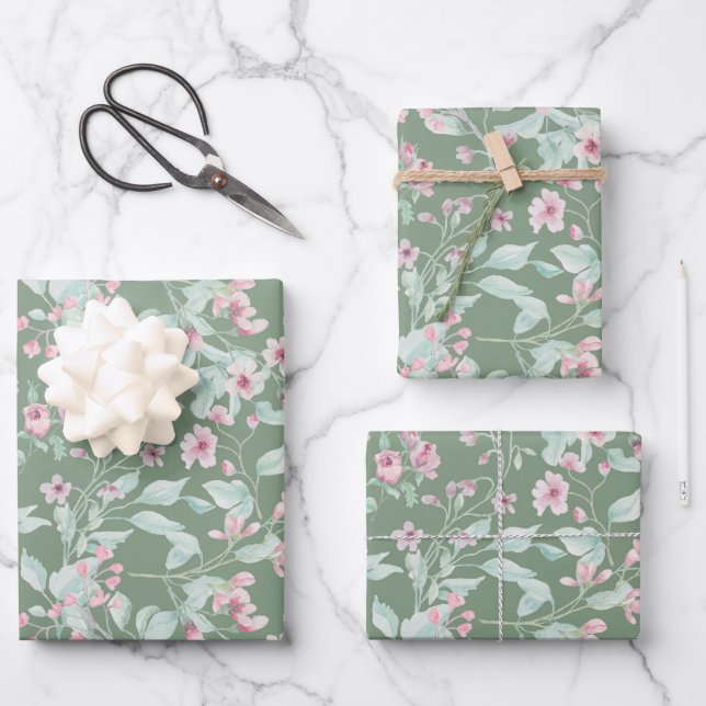 Rosa und rötliche Blütenmuster Geschenkpapier Set (Vorderseite)