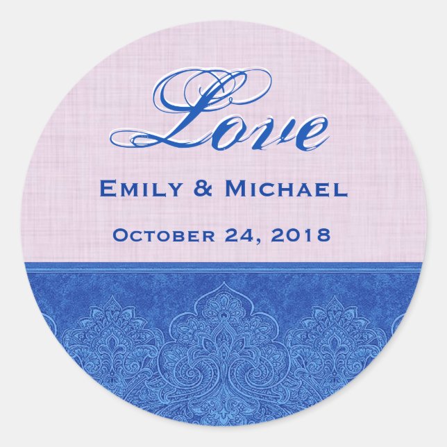 Rosa und Royal Blue Wedding Damask V23 Runder Aufkleber (Vorderseite)