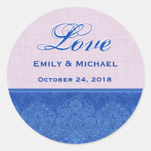 Rosa und Royal Blue Wedding Damask V23 Runder Aufkleber