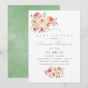 Rosa und Salbei-Aquarell-Blumen-Baby-Party Einladung