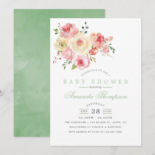 Rosa und Salbei-Aquarell-Blumen-Baby-Party Einladung