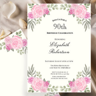 Rosa und Salbeigrüne Blumen zum 90. Geburtstag Einladung