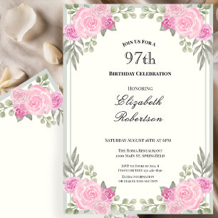 Rosa und Salbeigrüne Blumen zum 97. Geburtstag Einladung