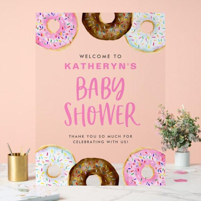 Rosa und Schokolade Donuts Kinderdusche Empfang Acrylschild (Hochzeit)