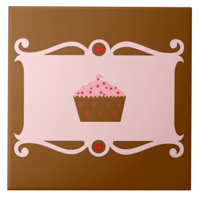 Rosa und Schokolade Herz Cupcake Keramik Tile Fliese (Vorderseite)