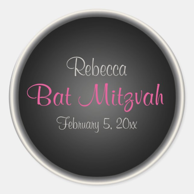 Rosa und schwarz 1,5" Runder Bat Mitzvah Sticker (Vorderseite)