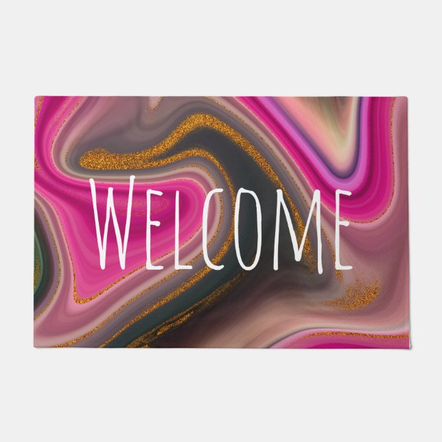 Rosa und Schwarz Abstrakt mit Gold-Wirbel Fußmatte (Vorderseite)