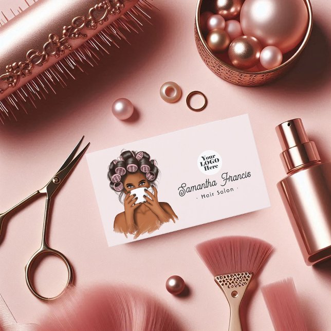 Rosa und schwarz-afrikanischer Haarsalon Visitenkarte (Pink and Blush African American Hair Salon Business Card)
