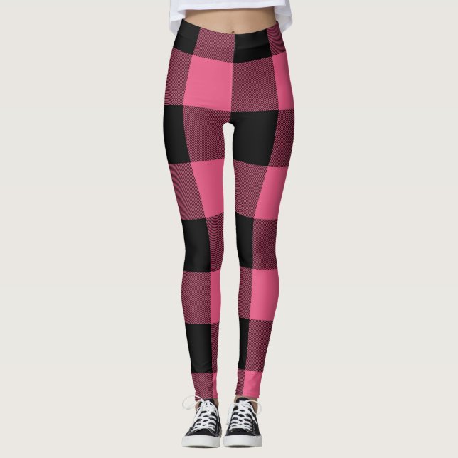 Rosa und Schwarz Buffalo Kariert kariert Leggings (Vorderseite)