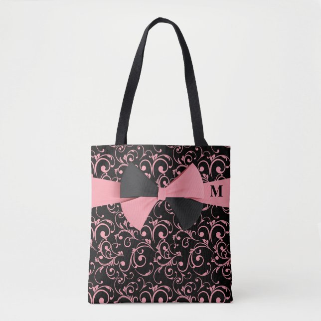 Rosa und schwarz Chic Royal Floral Pattern Monogra Tasche (Vorderseite)