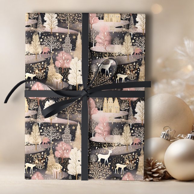 Rosa und schwarz Elegante Snowy Deer Forest Geschenkpapier (Von Creator hochgeladen)