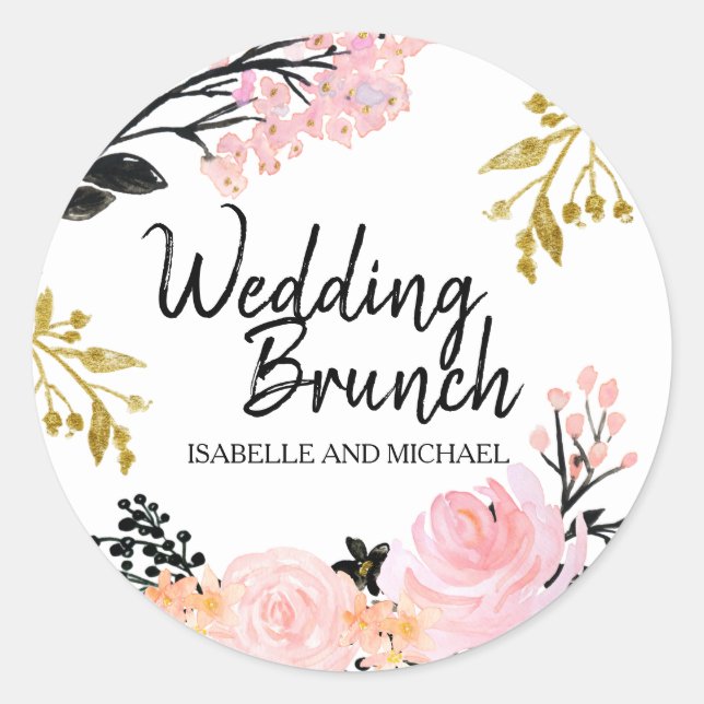 Rosa und schwarz-floraler Hochzeitsbrunch Umschlag Runder Aufkleber (Vorderseite)