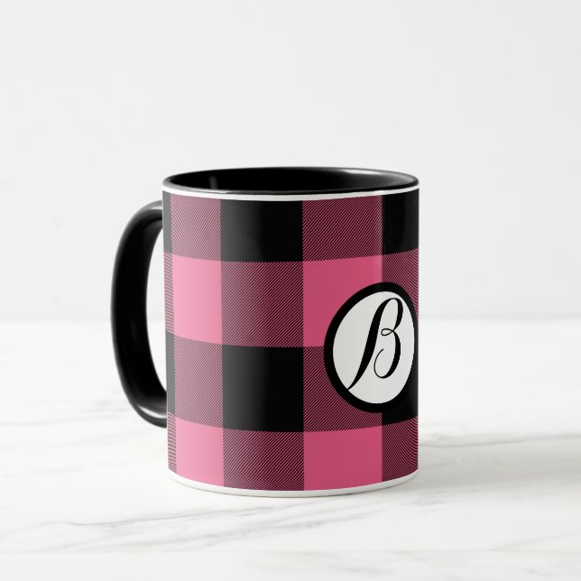 Rosa und schwarz karierte Quadrate Buffalo Kariert Tasse (Vorderseite Links)