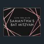 Rosa und schwarz Modernes Bat Mitzvah Save the Dat Ankündigungspostkarte<br><div class="desc">Moderne, trendige und elegante Rose goldfarben-rosa und schwarz Bat Mitzvah Save the Date Postkarten mit einem einzigartigen geometrischen Quadrat Rand. Dieses preisgünstige Bat Mitzvah können Sie ganz einfach Save the Date mit individuelle Name, Datum und Details Ihrer lustigen und raffinierten Feier gestalten. Der gesamte Text ist editierbar, sodass dieses Design...</div>