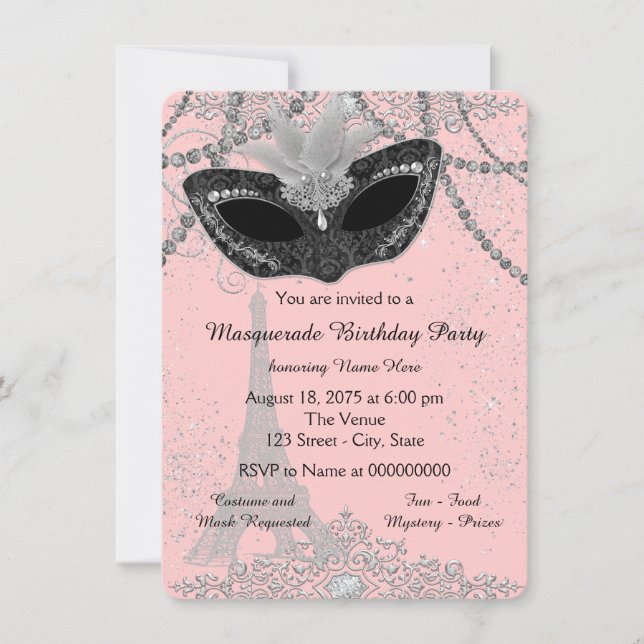 Rosa und Schwarz-Paris-Masquerade-Party Einladung (Vorderseite)
