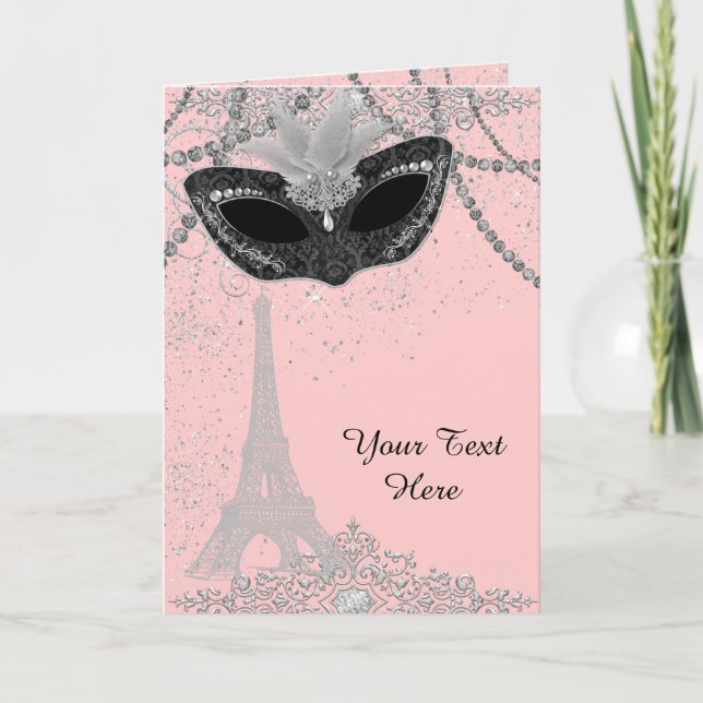 Rosa und Schwarz-Paris-Masquerade-Party Karte (Vorderseite)