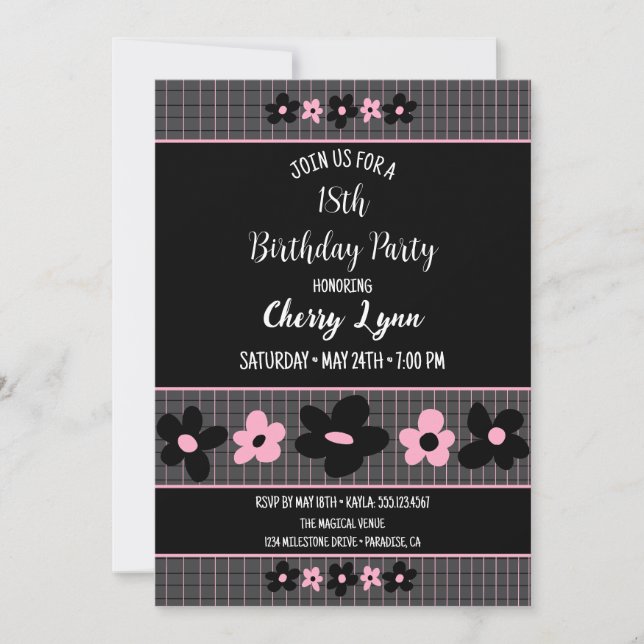 Rosa und schwarz Pinstriche zum Geburtstag Einladung (Vorderseite)
