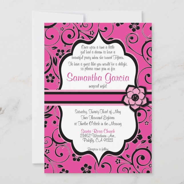 Rosa und Schwarz Quinceñera Einladung, Sweet 15 Einladung (Vorderseite)