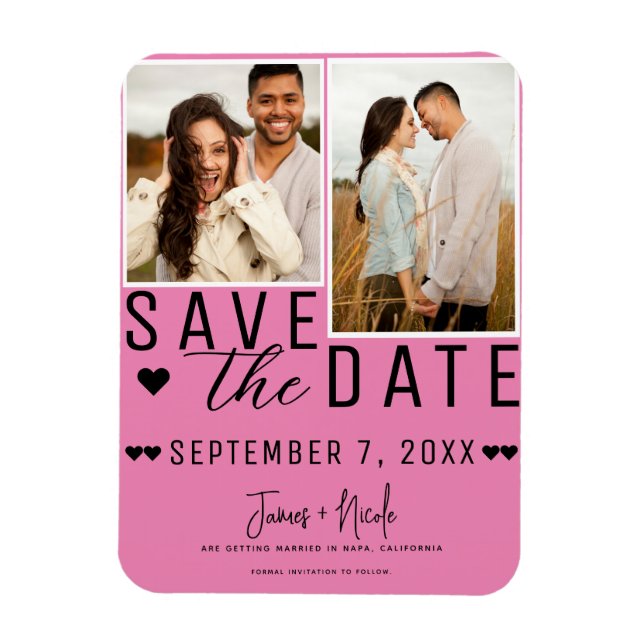 Rosa und schwarz Save the Date 2 Foto Hochzeit Magnet (Vertikal)