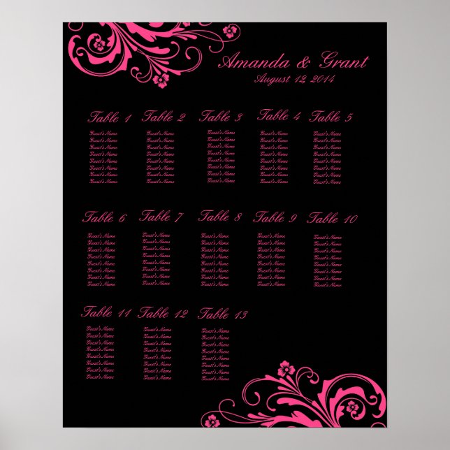 Rosa und schwarz-schick Blühend Sitzkarte Poster (Vorne)