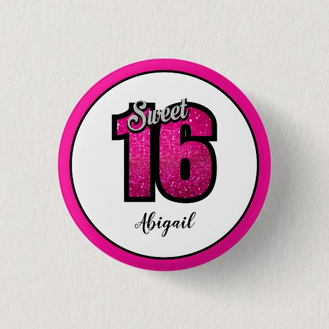 Rosa und Schwarz Sweet 16 Birthday Glitzer Button (Vorderseite)
