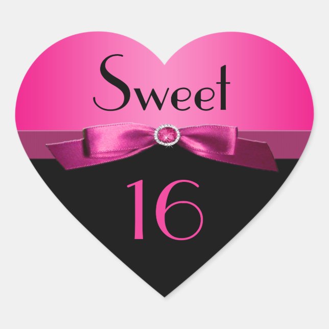 Rosa und schwarz Sweet 16 Heart Shaped Sticker (Vorderseite)