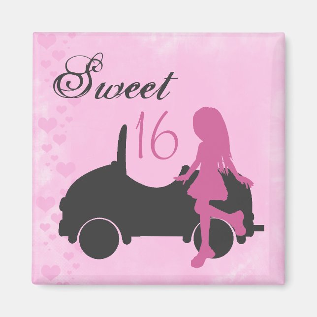 Rosa und Schwarz Sweet 16 Silhouette Magnet (Vorne)
